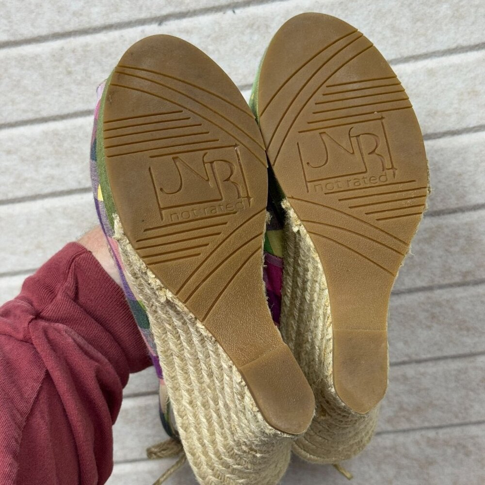 Not Rated Plaid Espadrille Wedge Sandals Peep Toe Slingback Women 8.5 - Picture 8 of 11